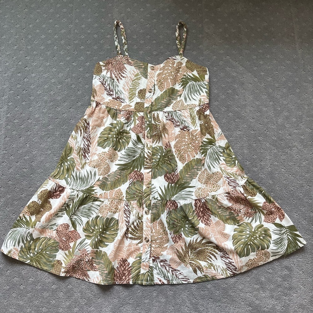 Beachlunchlounge Linen Blend Tropical Print Sundress Tiered Skirt Size Small